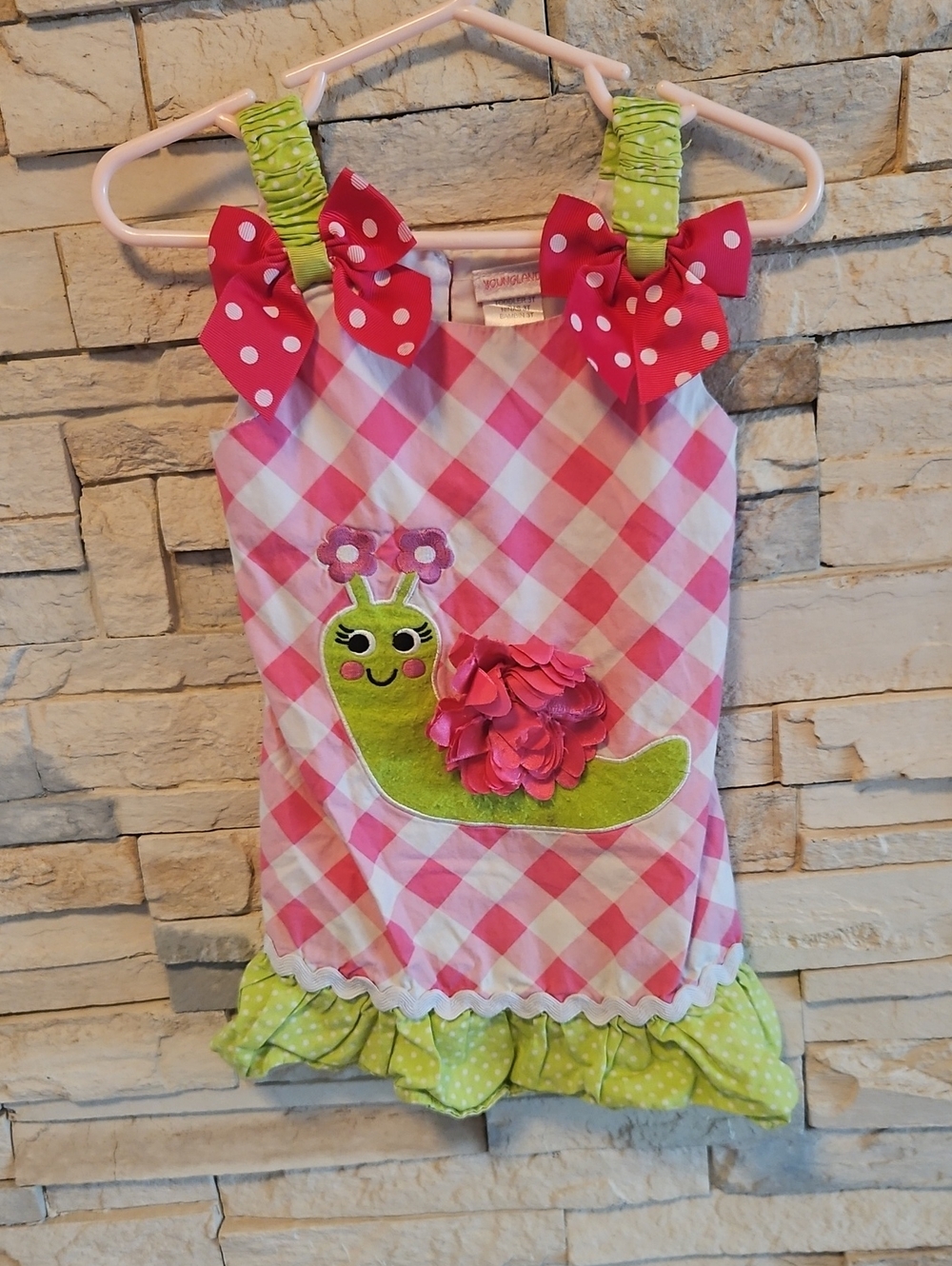 Youngland Pink and Green Sun Dress with Green Snail Applique and Polka Dot Bows